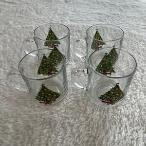 4 Vintage 1985 Luminarc Christmas Tree Glass Coffee Mugs‎ 3 1/2” Tall Holiday